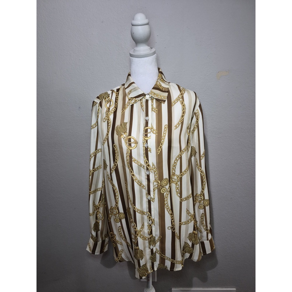 J Mclaughlin Silk Blend Shirt Women Sz Medium Gold Chain Scarf Print‎ Boho Chic - Picture 2 of 7